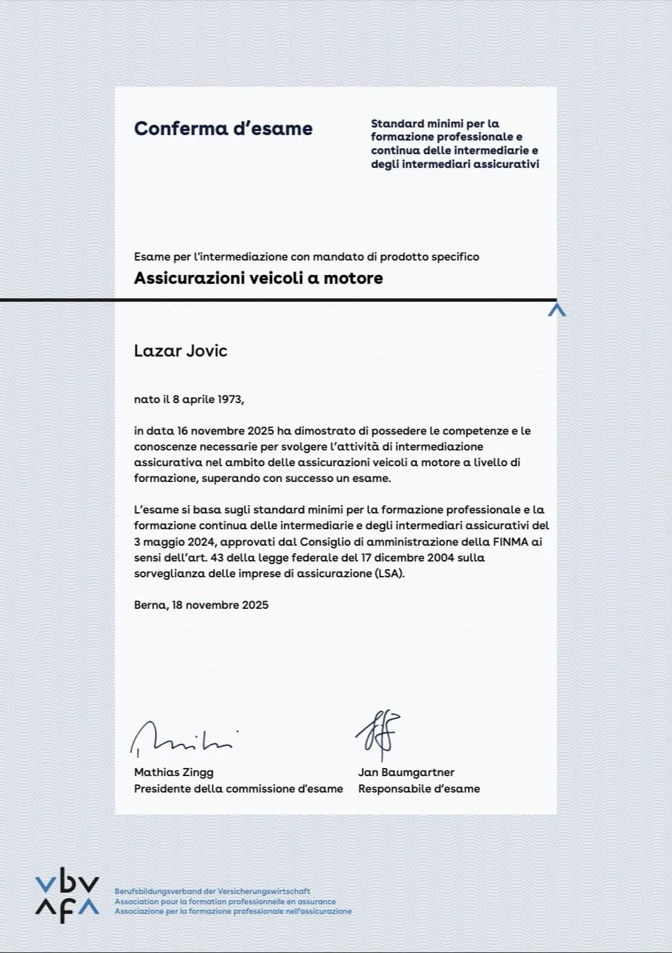 Certificato VBV/AFA - Esame FINMA per intermediazione assicurativa veicoli a motore