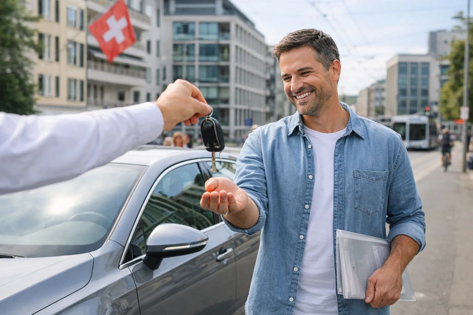 Finanziamento auto Svizzera – cliente soddisfatto riceve le chiavi della nuova auto con bandiera svizzera