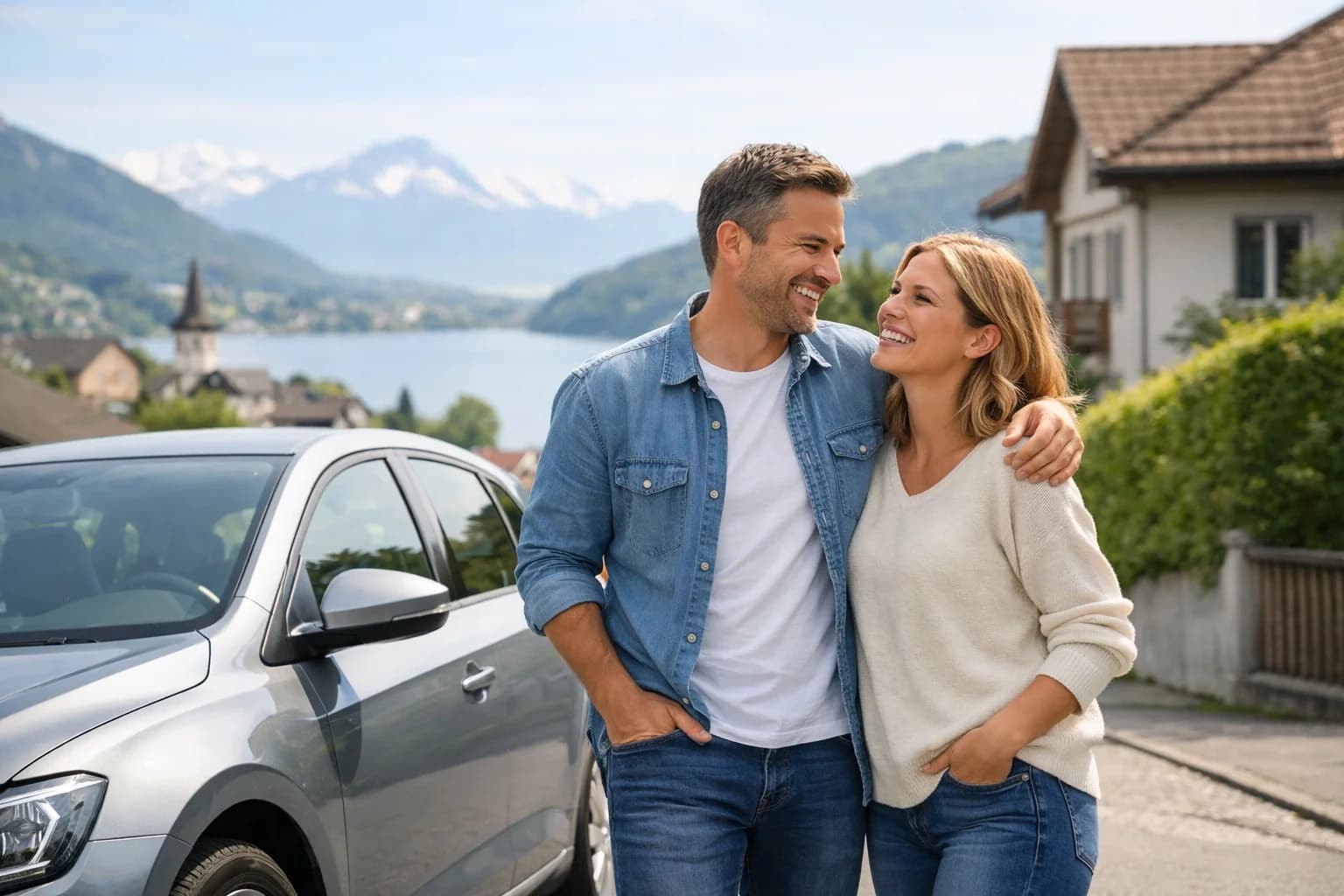 Leasing auto Svizzera – coppia soddisfatta accanto alla propria auto in un paesaggio svizzero con montagne e lago