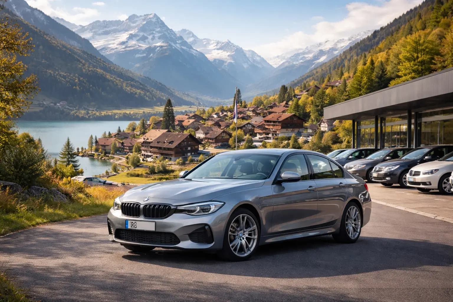 Leasing auto usate Svizzera – auto d'occasione di qualità in concessionaria con panorama alpino svizzero