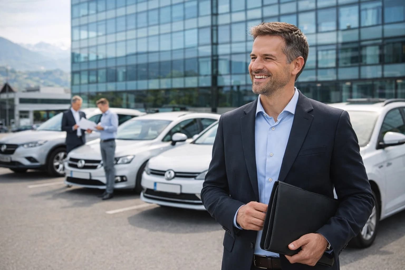 Leasing aziendale flotta Svizzera – fleet manager davanti a veicoli aziendali con montagne svizzere