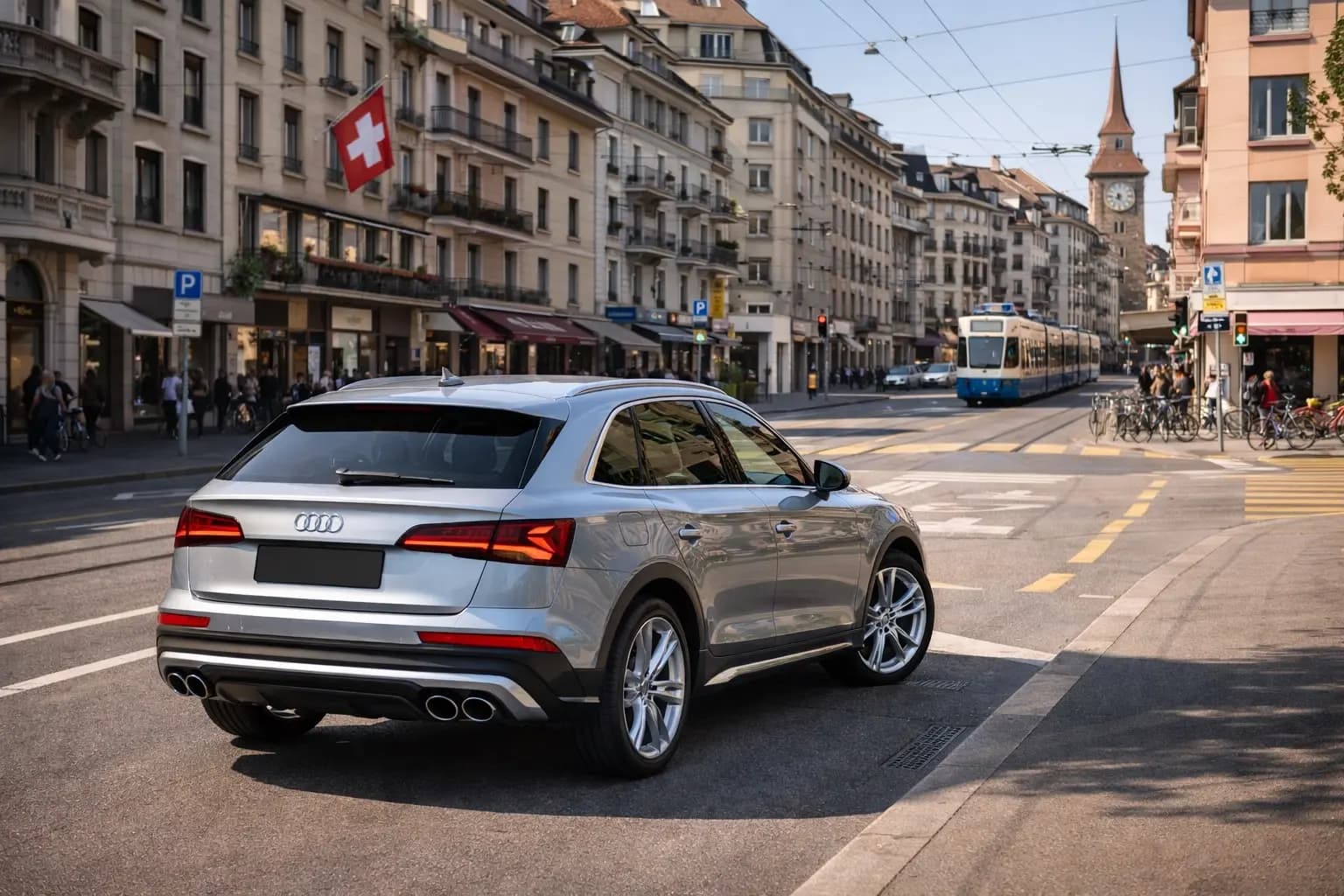 Leasing senza anticipo Svizzera – SUV in città svizzera con bandiera e tram sullo sfondo