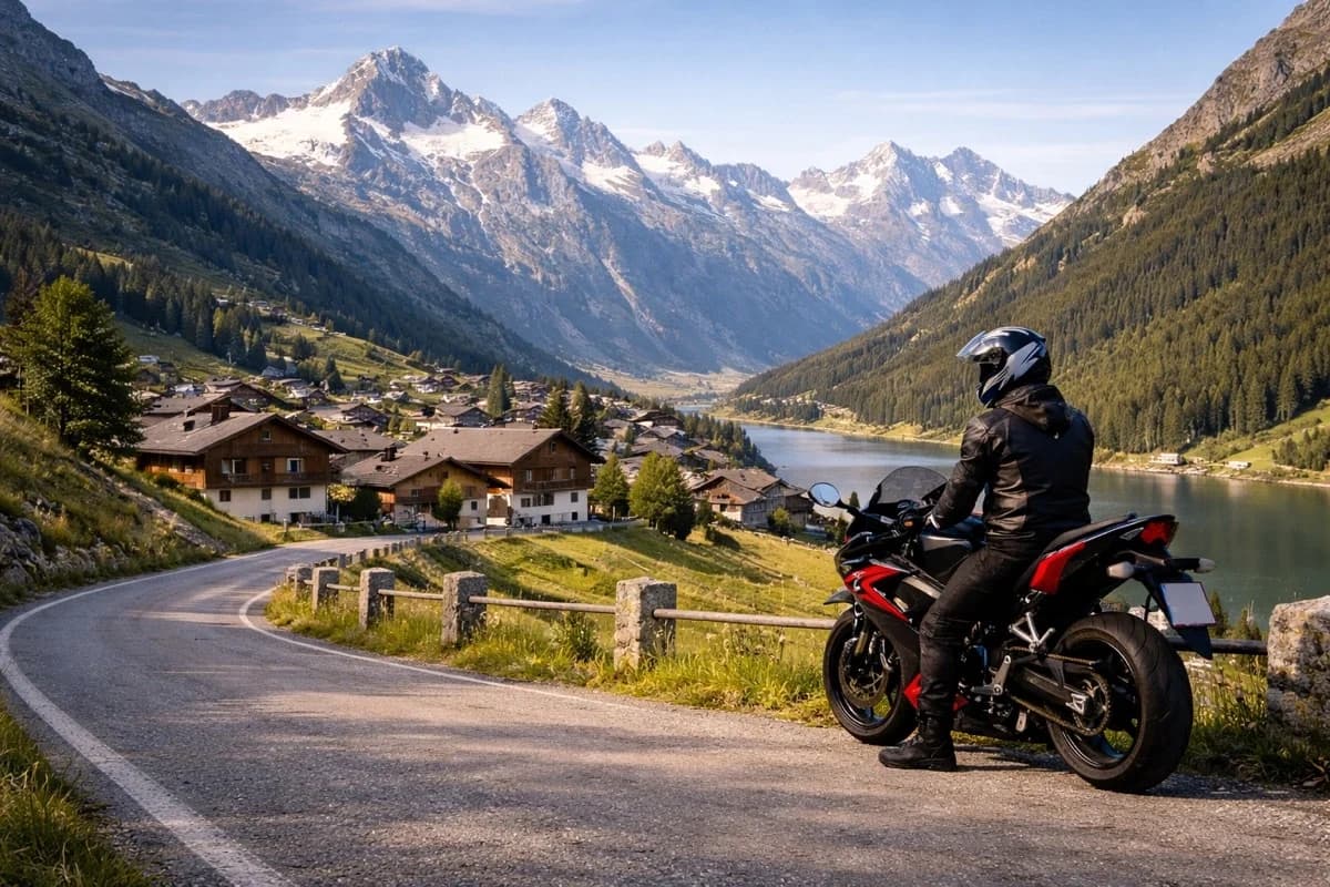 Assicurazione moto economica in Svizzera – motociclista percorre una strada alpina svizzera con panorama montano, simbolo di libertà e protezione assicurativa per due ruote