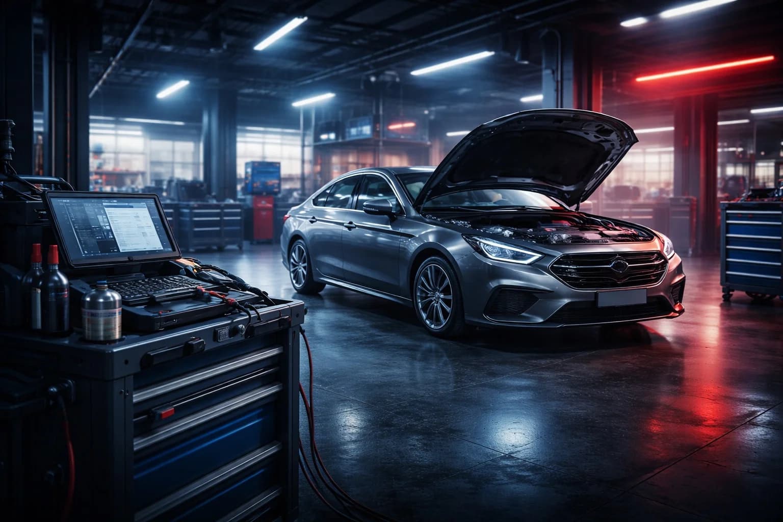 Servizi auto professionali Svizzera – officina moderna con diagnostica computerizzata e auto in manutenzione