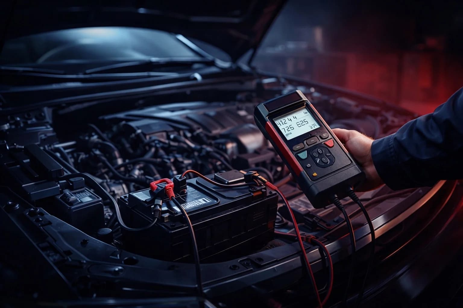 Test batteria auto professionale Svizzera – tecnico con strumento diagnostico digitale analizza lo stato della batteria sotto il cofano